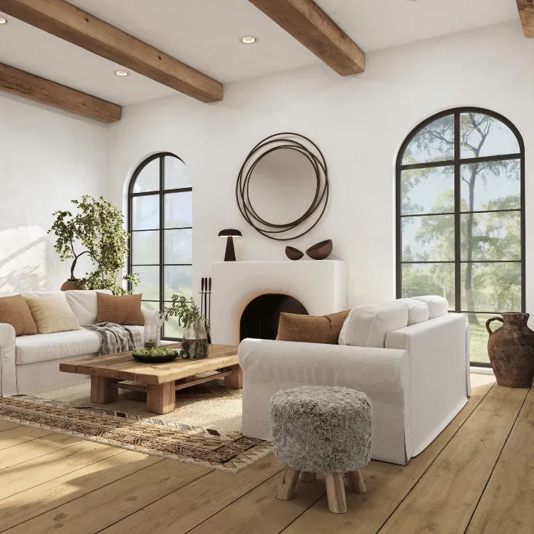 Living room with arched aluminum windows