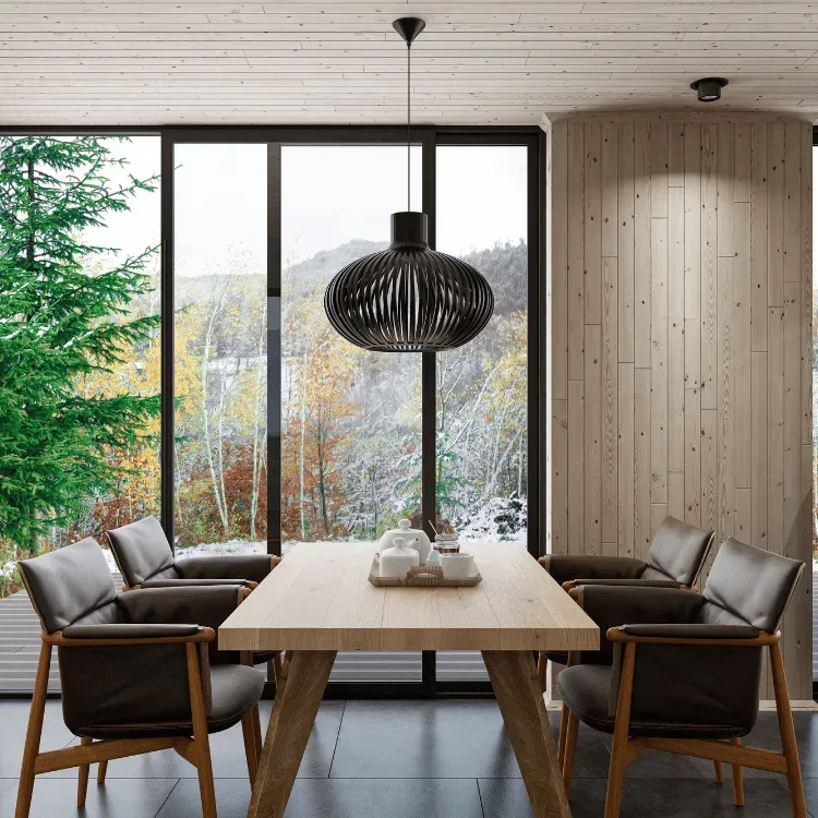 Dining room with floor-to-ceiling aluminum windows