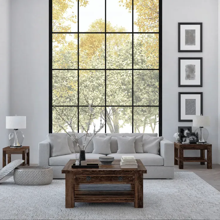 Living room with tall grid windows